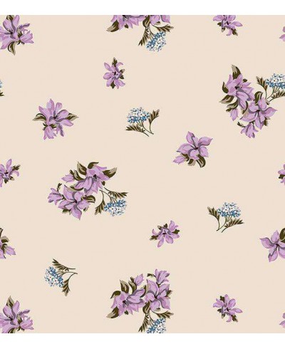 Papel de parede floral tons nude, flores roxas com galhos em verde musgo, tons de azul - Encanto 01 Papel de parede floral tons nude, flores roxas com galhos em verde musgo, tons de azul - Encanto 01