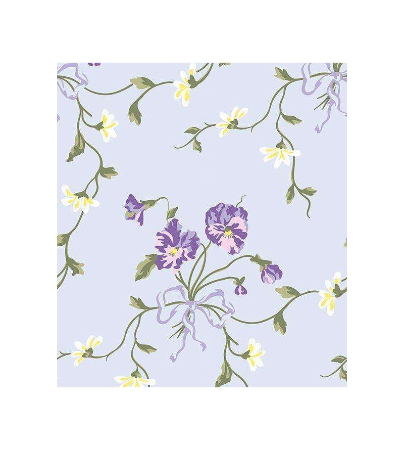 Papel de parede floral tons claros de azul, branco e amarela, folhagem em verde musgo e fundo roxo - Encanto 08