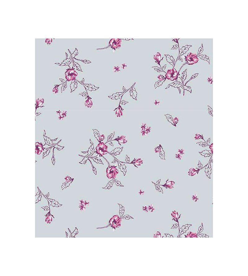 Papel de parede floral com fundo cinza claro, flores em bordo e rosa com galhos em tons de roxo - Encanto 14