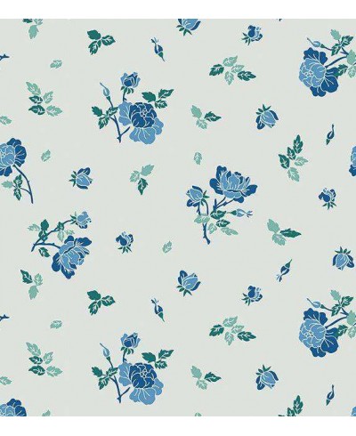 Papel de parede floral com fundo cinza claro, flores e galhos na cor azul e folhas em tons de verde - Encanto 15