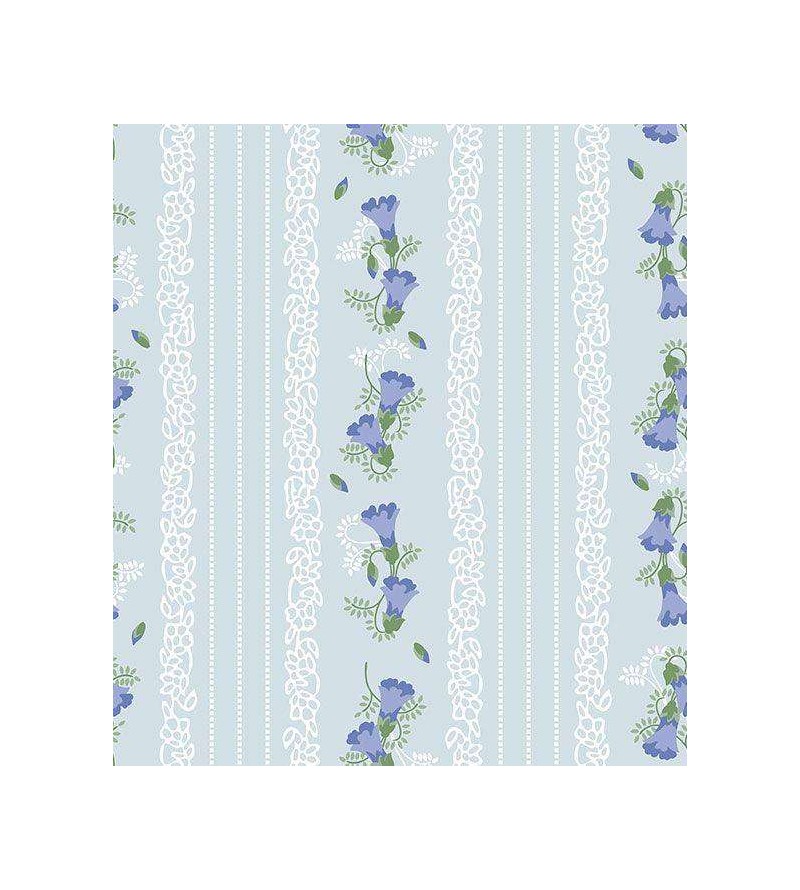 Papel de parede floral com fundo azul claro e detalhes branco, flores em tons de azul com galhos verde - Encanto 18