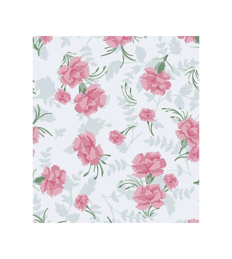 Papel de parede floral com fundo branco e detalhes cinza claro, flores em tons de rosa com galhos verdes - Encanto 21