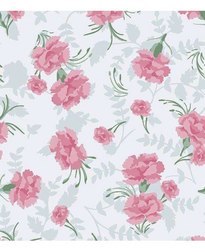 Papel de parede floral com fundo branco e detalhes cinza claro, flores em tons de rosa com galhos verdes - Encanto 21