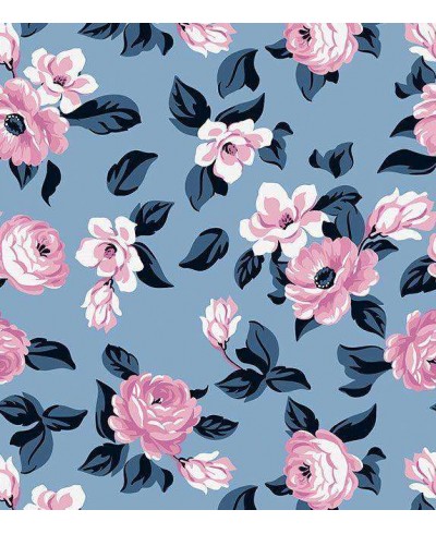 Papel de parede floral com detalhes em tons de azul, com detalhes em branco e rosa - Condessa 17
