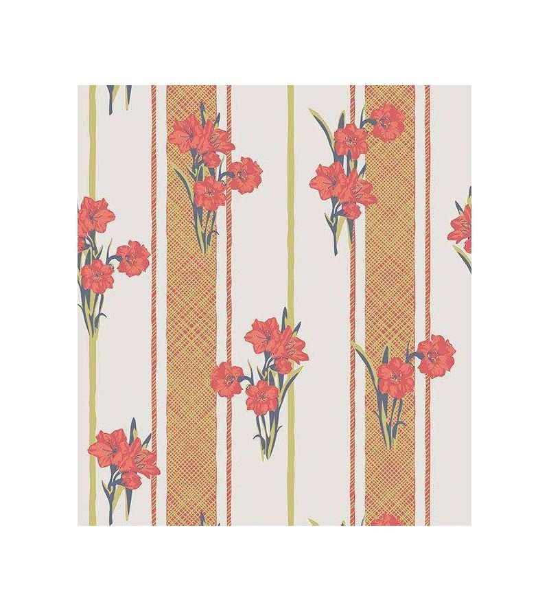 Papel de parede floral tons de carmim, escarlate e vermelho, fundo em bege e laranjas com detalhes verde musgo.