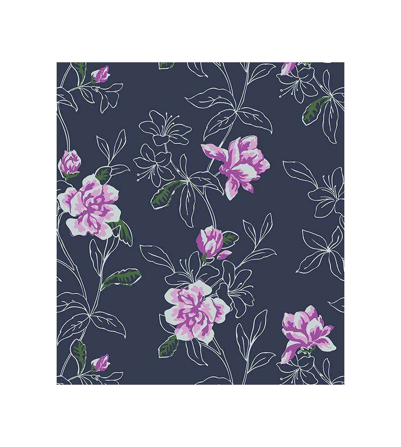 Papel de parede com flores em tons roxos, fundo preto e folhagem verde musgo e branco - Luxury 09