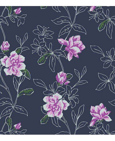 Papel de parede com flores em tons roxos, fundo preto e folhagem verde musgo e branco - Luxury 09