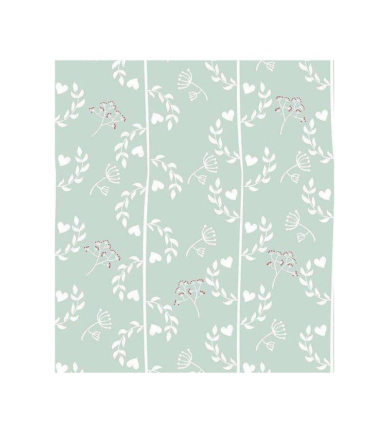 Papel de parede com fundo verde claro e desenhos brancos com pequenos detalhes bordo - Nature 09