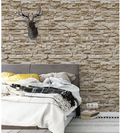 Papel de parede estilo pedras canjiquinha e pedras palito em tons de cinza e bege