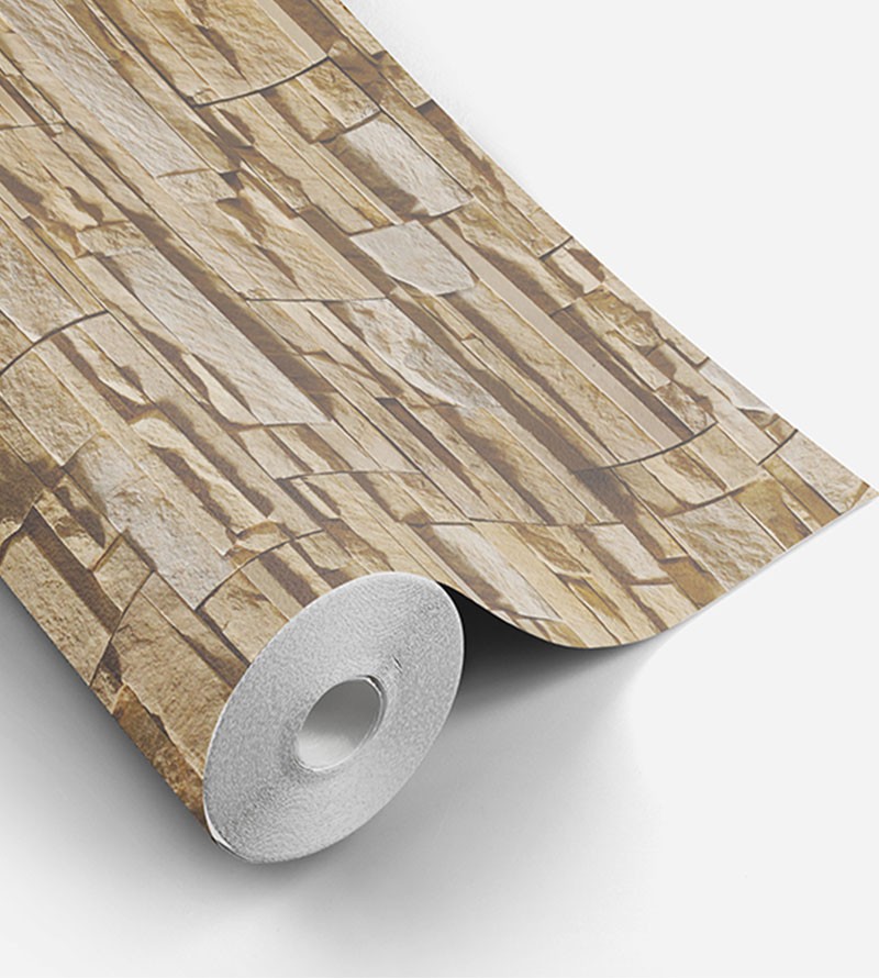 Papel de parede estilo pedra canjiquinha em tons de marrom, creme e bege