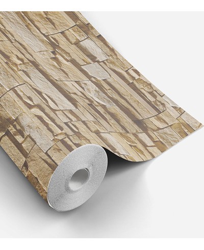 Papel de parede estilo pedra canjiquinha em tons de marrom, creme e bege