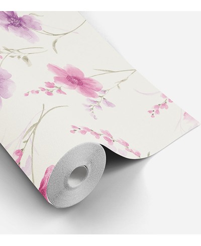 Papel de Parede Floral Com Ramos em Rosa e Roxo