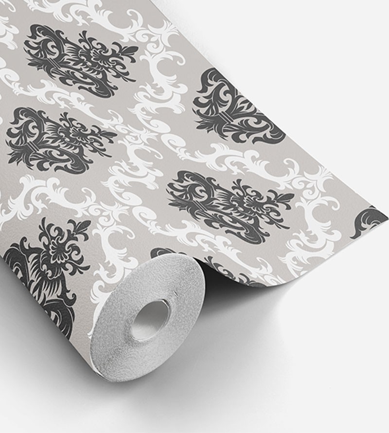 Papel de parede com fundo cinza e detalhes em branco e preto