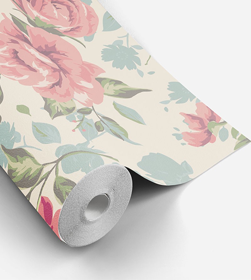 Papel de parede romântico rosa, verde e cinza com fundo bege