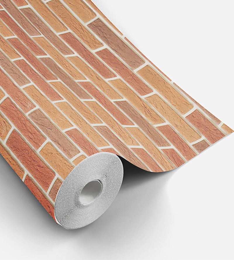 Papel de parede modelo pedras, com tijolos em tons de laranja e marrom, com detalhes na cor bege - Textura 06