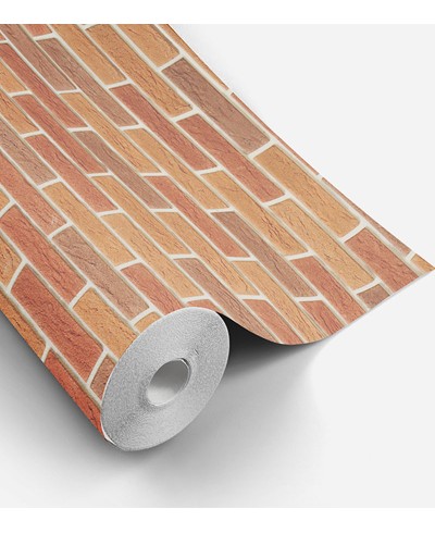 Papel de parede modelo pedras, com tijolos em tons de laranja e marrom, com detalhes na cor bege - Textura 06