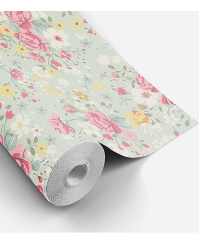 Papel de parede romântico cor rose, branco, verde musgo, amarelo e fundo verde acinzentado