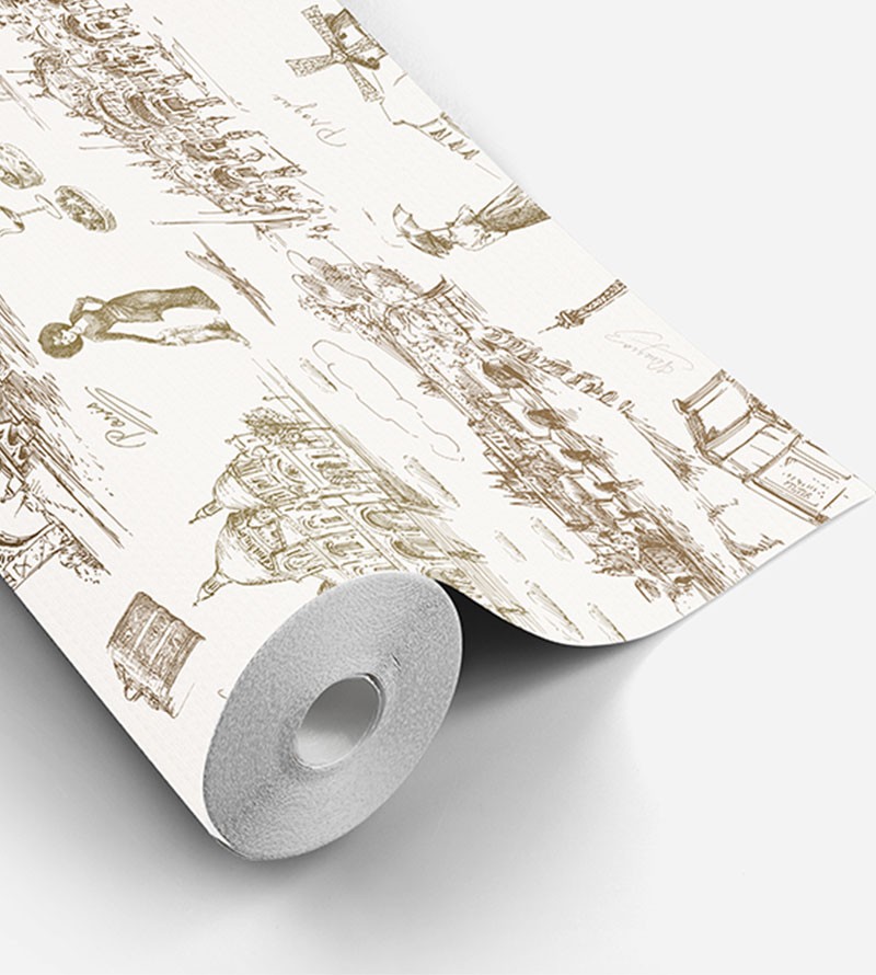 Papel de parede com fundo branco e desenhos em tons cinza