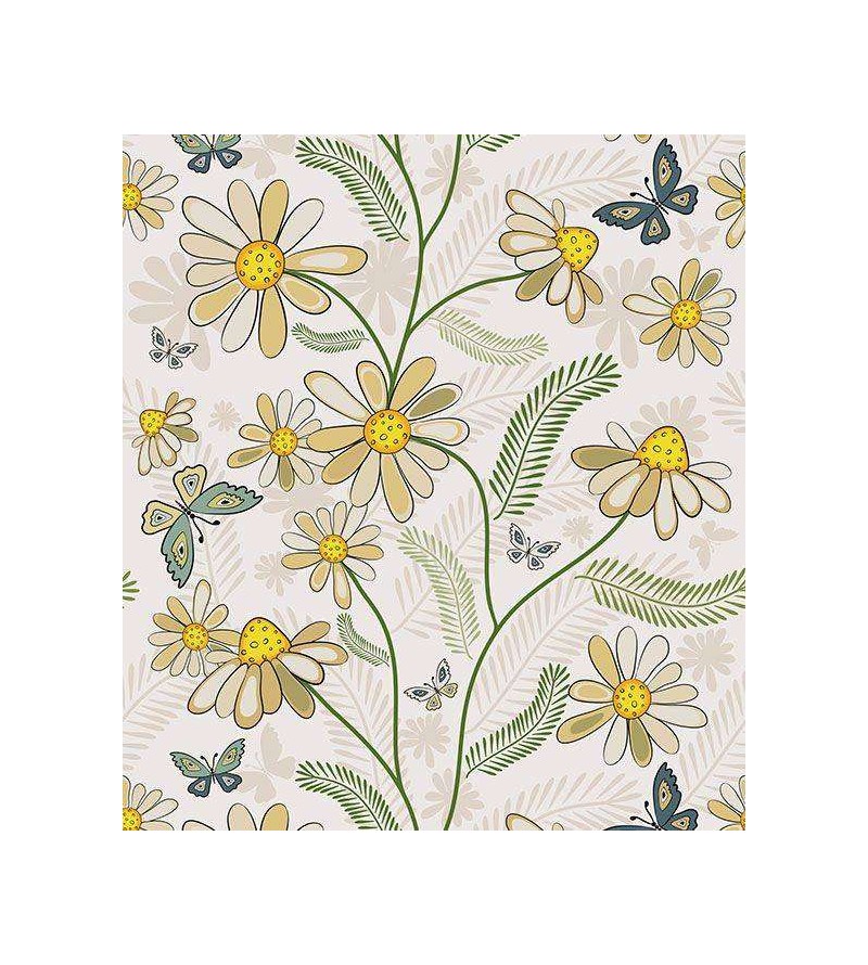 Papel de parede com fundo em bege e detalhes em verde, cinza e tons de amarelo - Teen 17