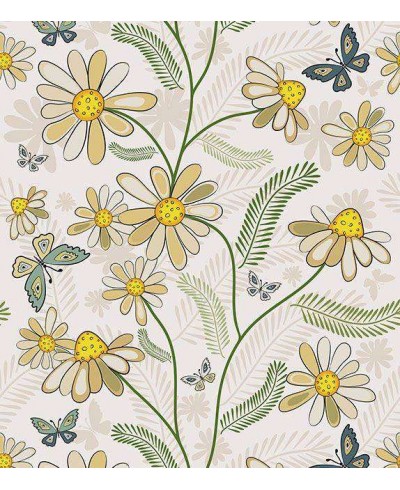 Papel de parede com fundo em bege e detalhes em verde, cinza e tons de amarelo - Teen 17 Papel de parede com fundo em bege e detalhes em verde, cinza e tons de amarelo - Teen 17
