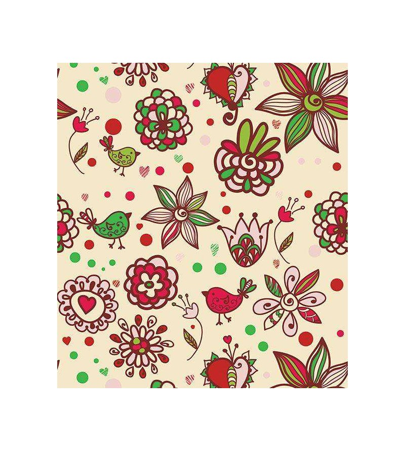 Papel de parede com fundo bege e detalhes em verde, vermelho, marrom e rosa - Teen 18